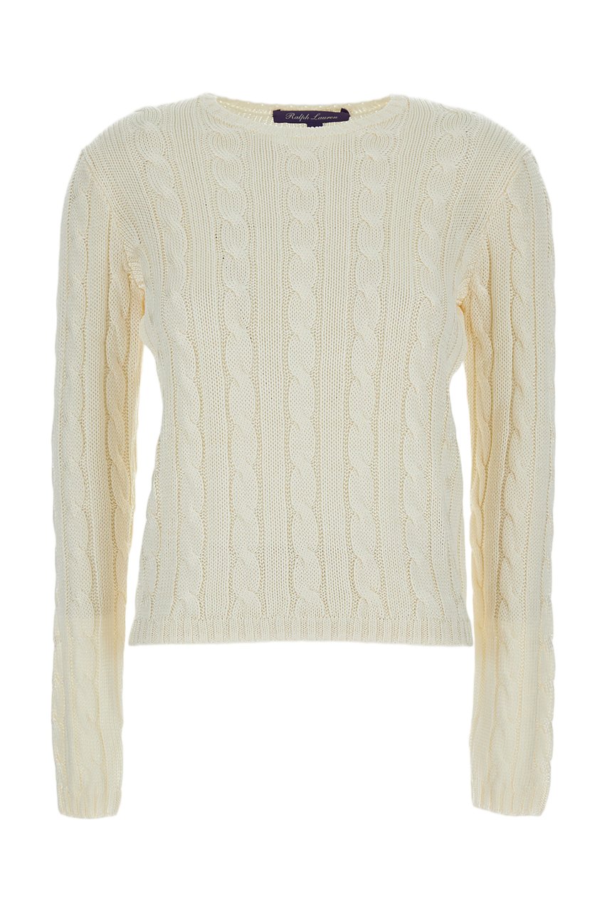 Ralph Lauren Cropped Cream Cable Knit Sweater With Ribbed Trim Neutraal