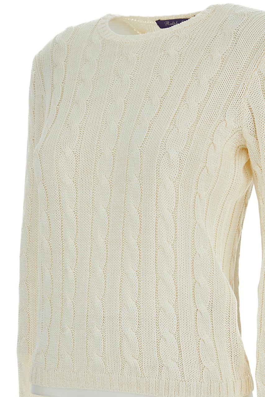 Ralph Lauren Cropped Cream Cable Knit Sweater With Ribbed Trim Neutraal