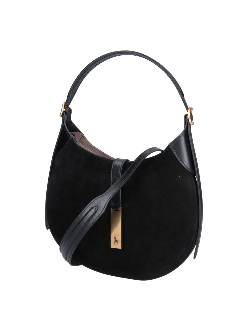 Ralph Lauren Black Polo ID Suede Shoulder Bag Zwart