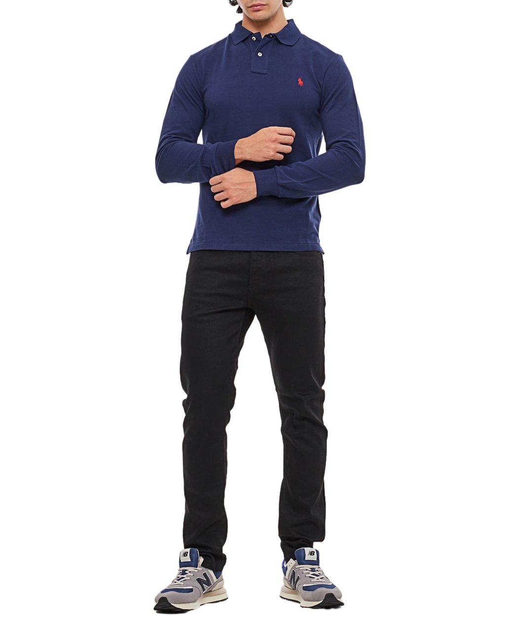 Ralph Lauren Long Sleeve Polo With Ribbed Collar And Embroidered Pony Blauw