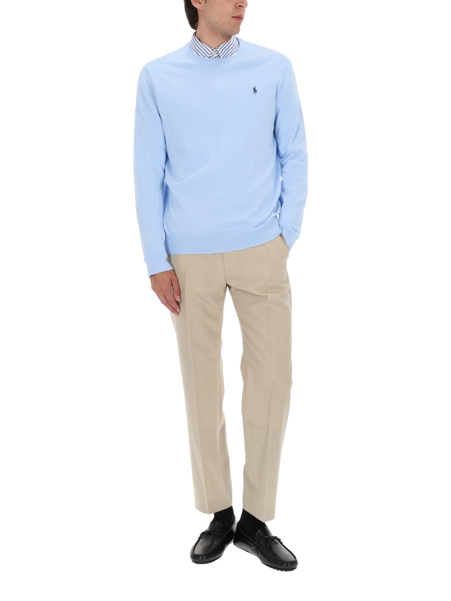 Ralph Lauren Light Blue Crewneck Embroidered Cotton Sweater Blauw
