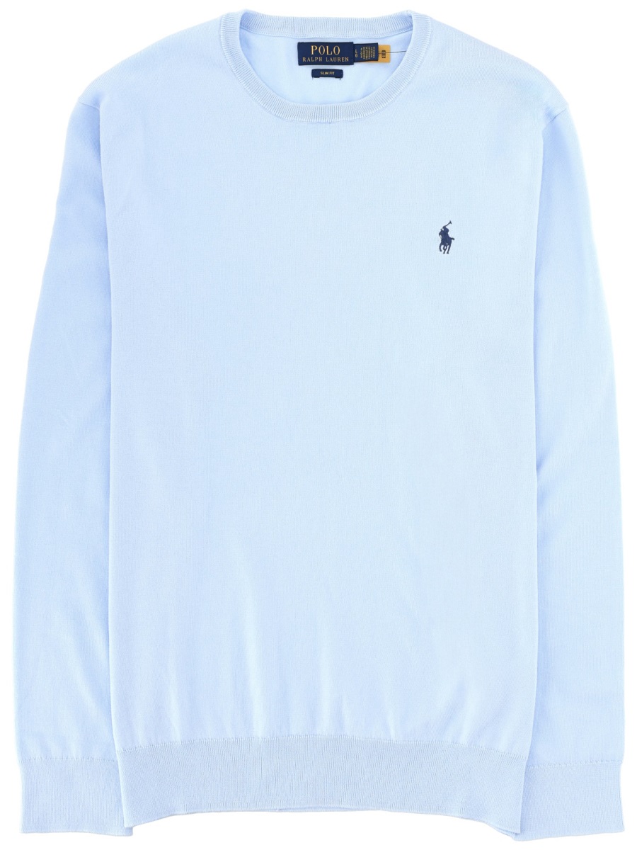 Ralph Lauren Light Blue Crewneck Embroidered Cotton Sweater Blauw