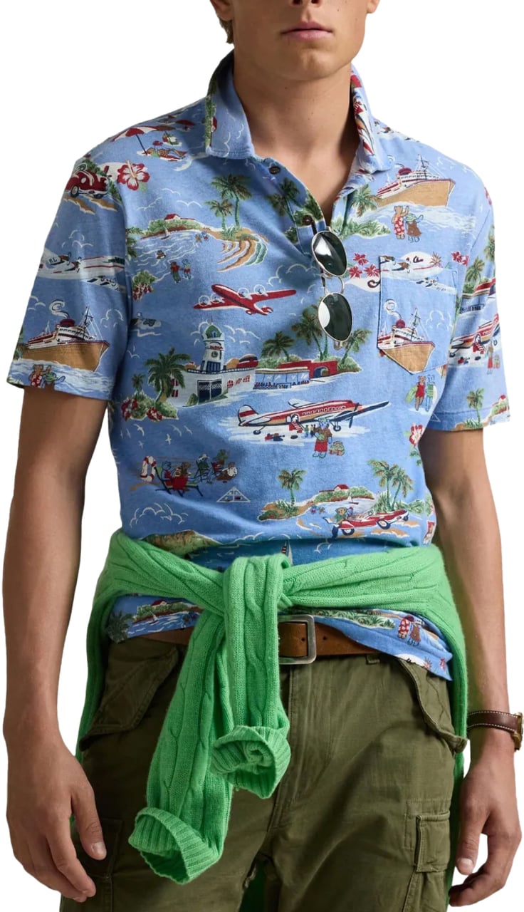 Ralph Lauren Surf Bear Linen Cotton Polo Shirt Blauw