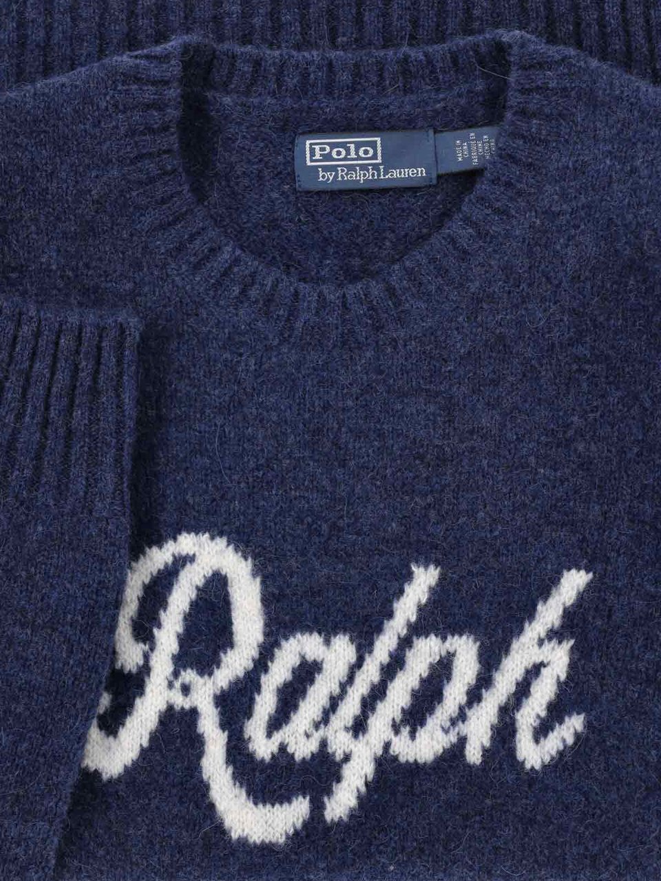 Ralph Lauren Crewneck Blue Wool-Blend Sweater with Jacquard Logo Blauw