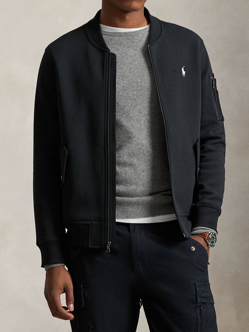 Ralph Lauren Black Full-Zip Sleeve Pocket Sweatshirt Zwart