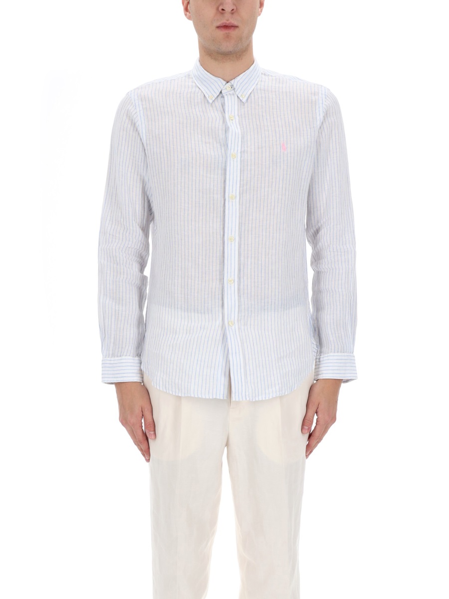 Ralph Lauren Vertical Stripe Linen Casual Shirt Wit