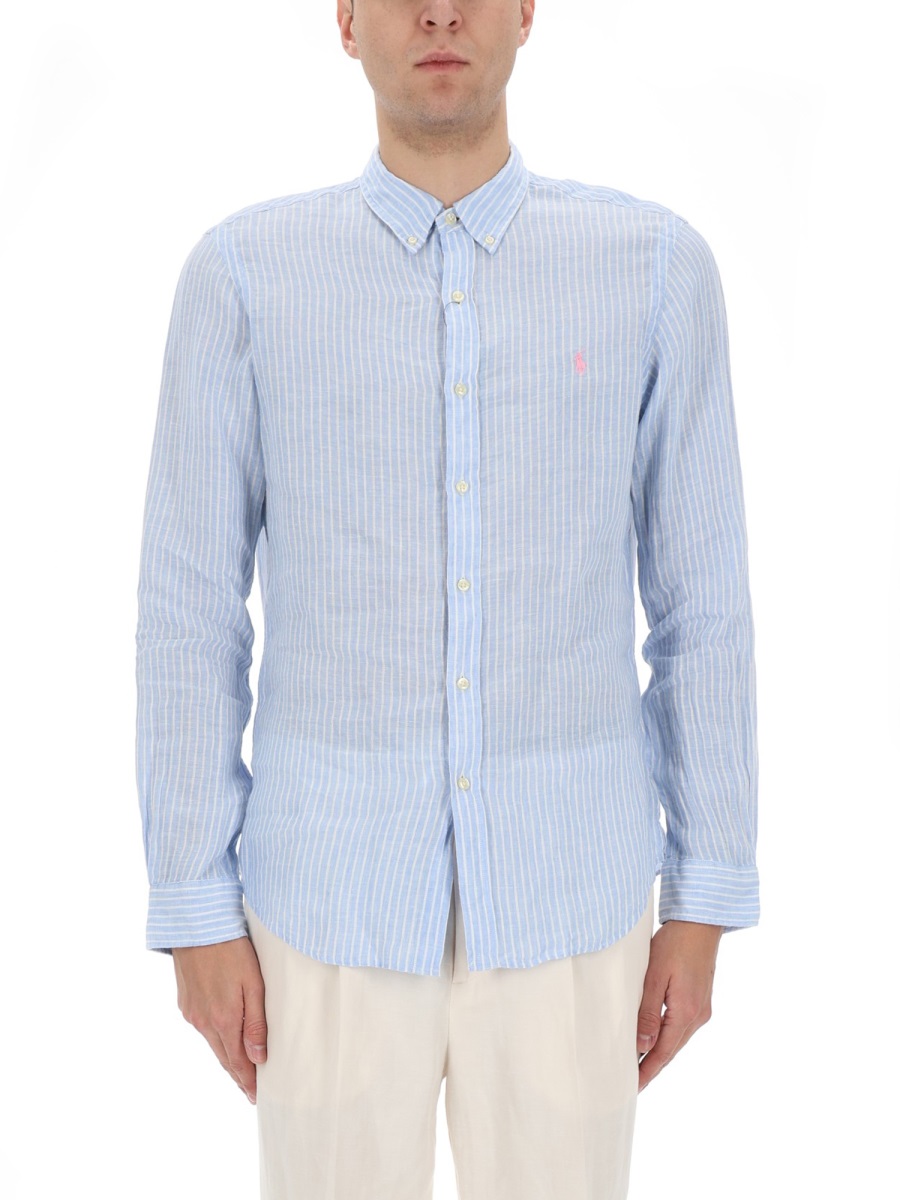 Ralph Lauren Light Blue Vertical Stripes Linen Shirt Blauw