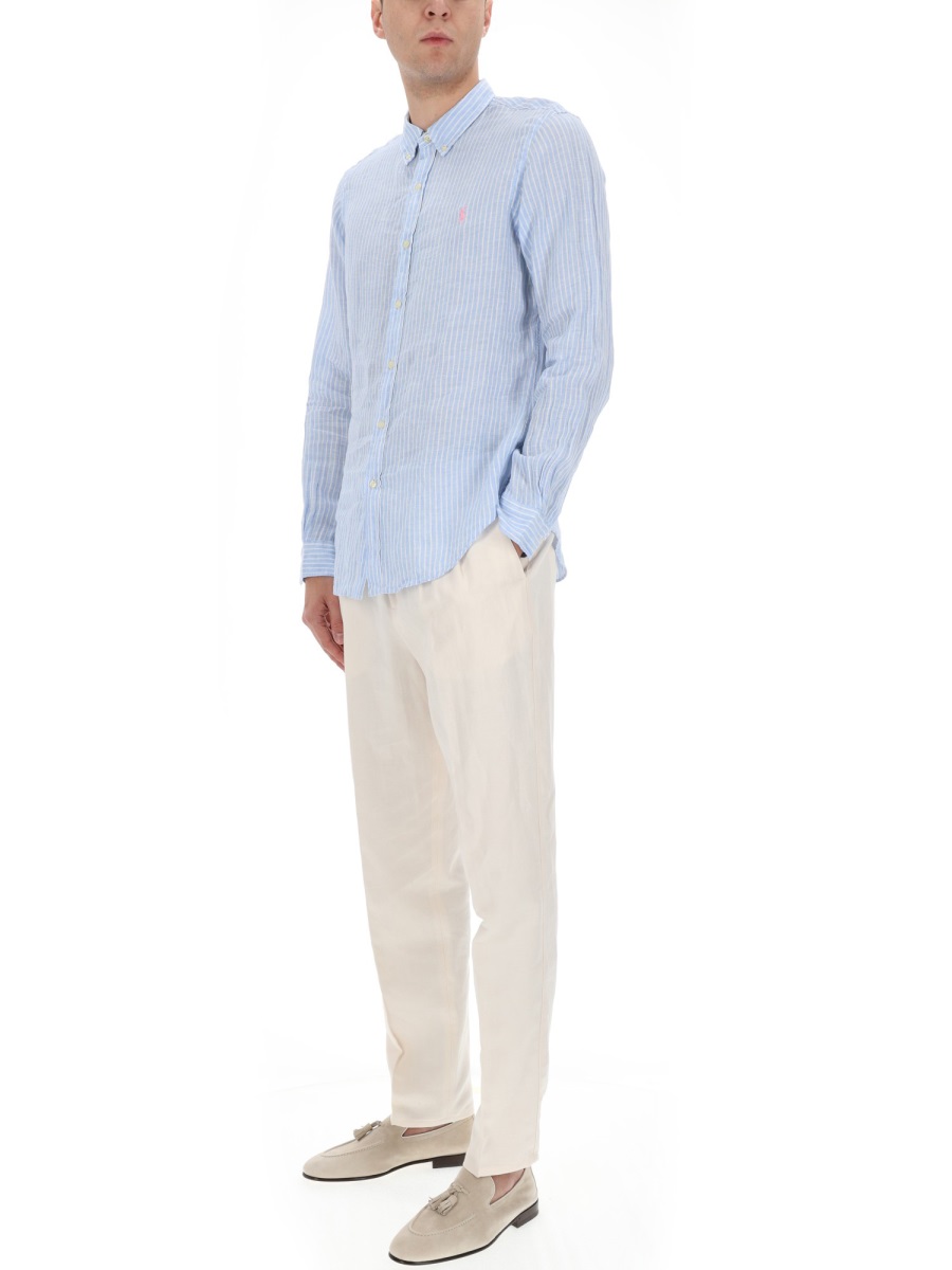 Ralph Lauren Light Blue Vertical Stripes Linen Shirt Blauw