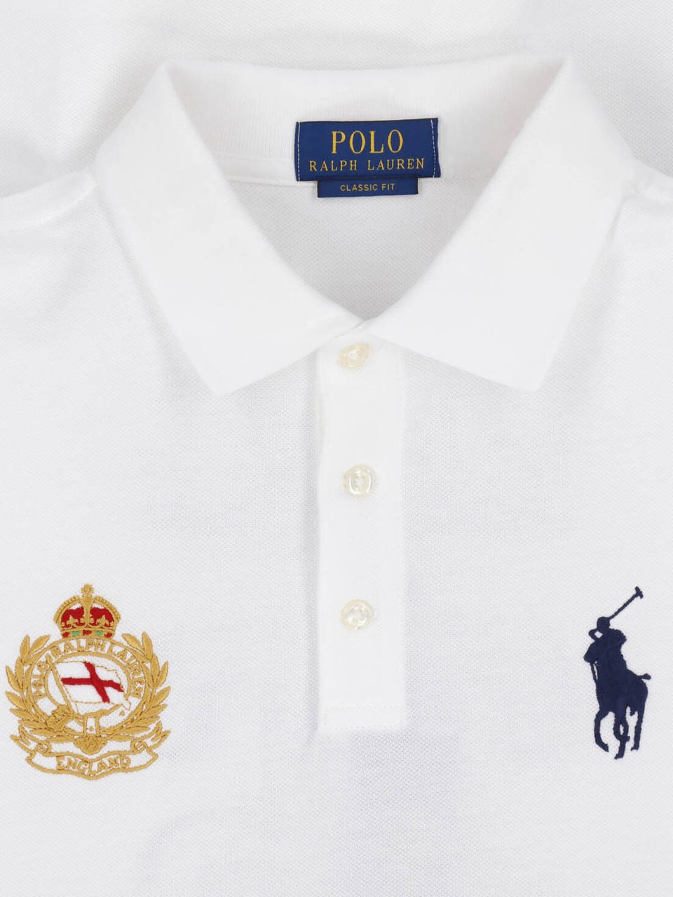 Ralph Lauren Classic White Polo Shirt with Navy Text and Embroidered Crest Wit
