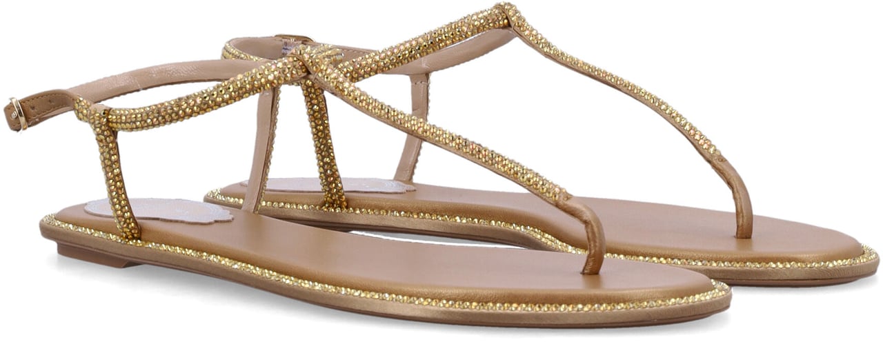 Rene Caovilla Diana Flat Tong Sandal Beige Gold Satin Beige