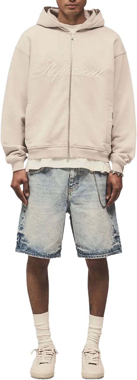 Represent SCRIPT LOGO ZIP THROUGH HOODIE LIGHT GREY Grijs