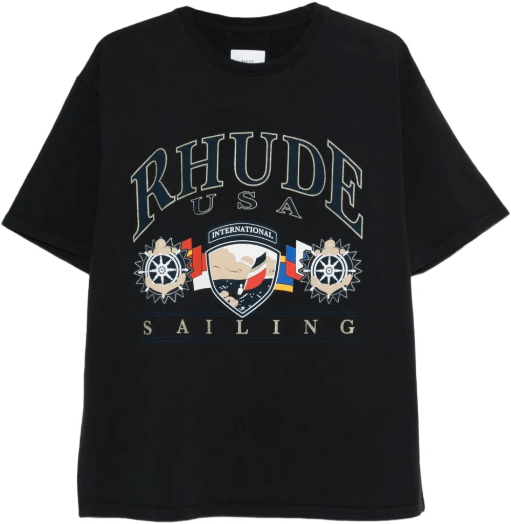 Rhude Vintage T-shirt met Amerikaans zeilicoon, zwart/wit. Zwart