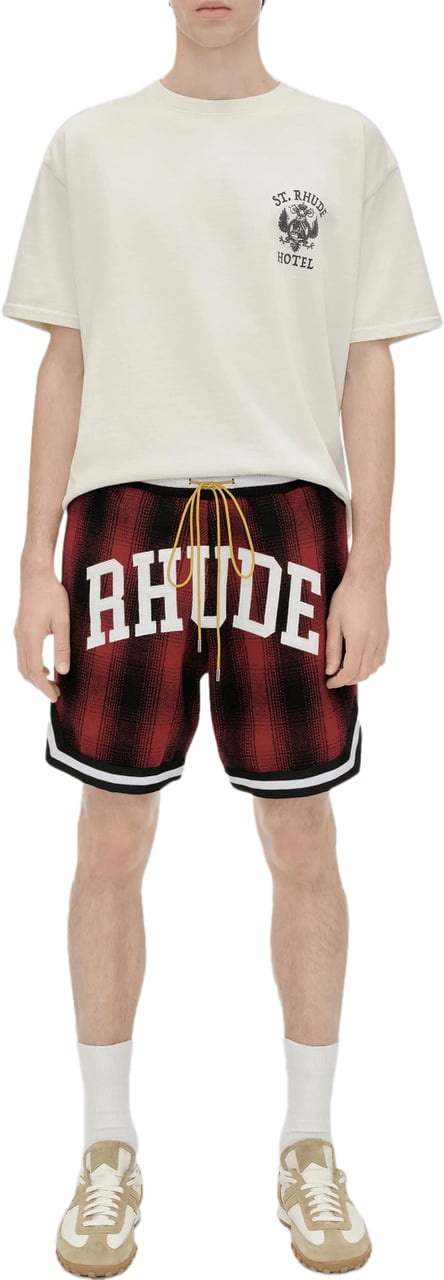 Rhude COLLEGIATE COURT LOGO PRINT FLANNEL SHORTS Rood