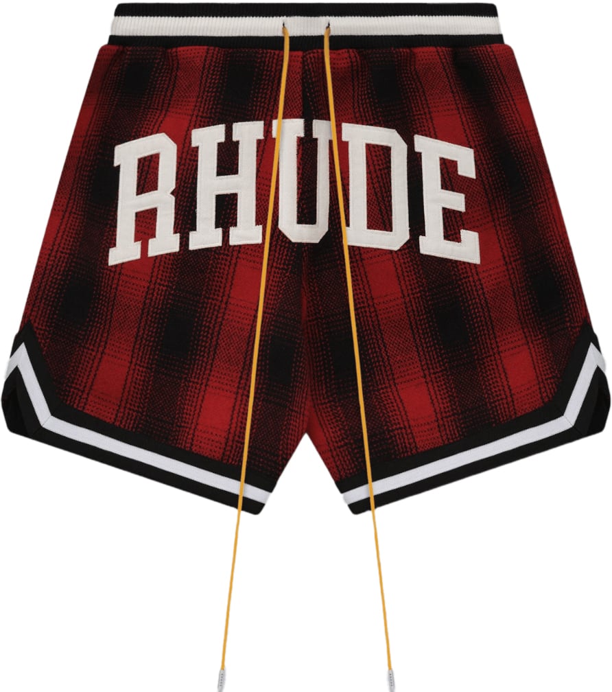 Rhude COLLEGIATE COURT LOGO PRINT FLANNEL SHORTS Rood