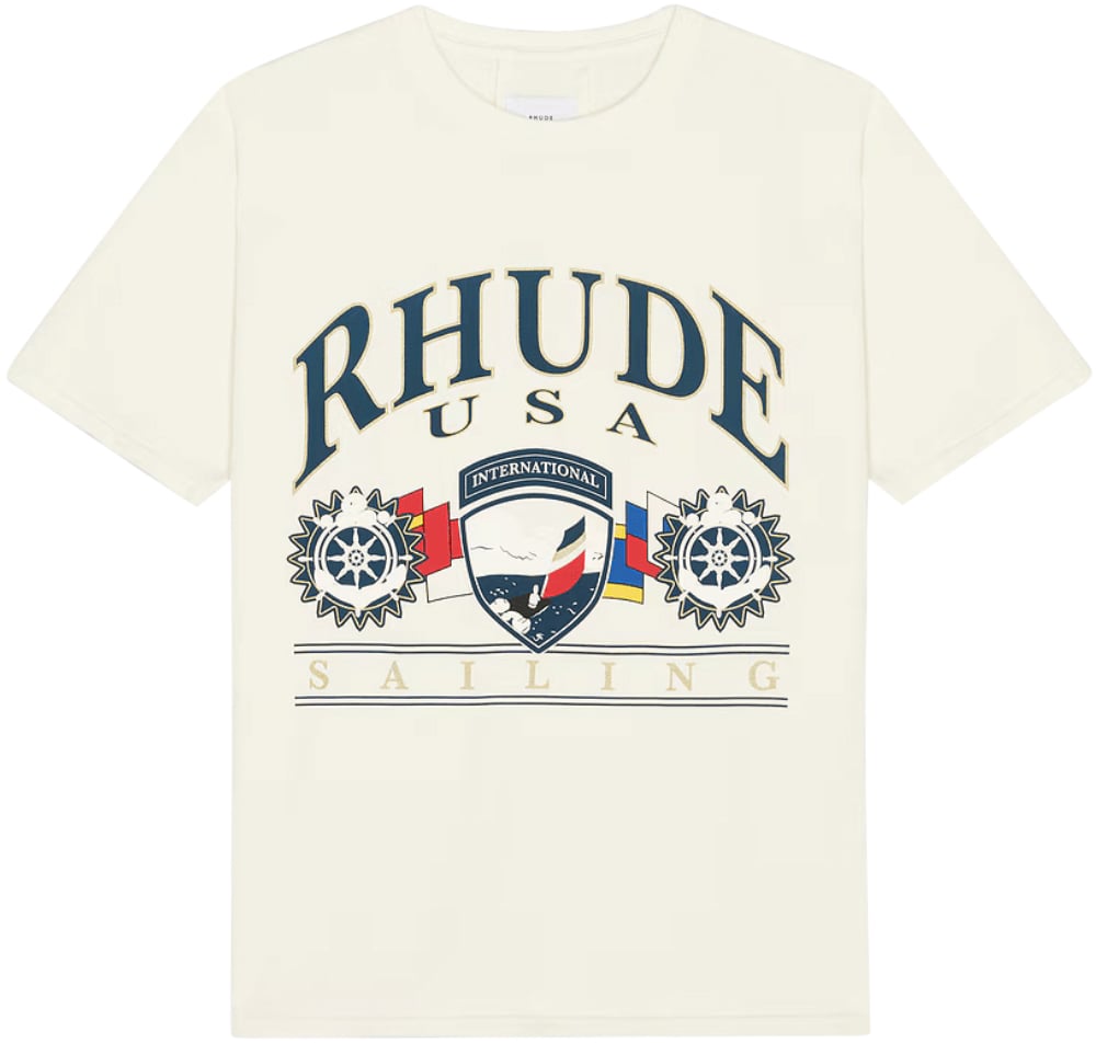 Rhude Vintage T-shirt met Amerikaans zeilicoon in wit/zwart. Wit