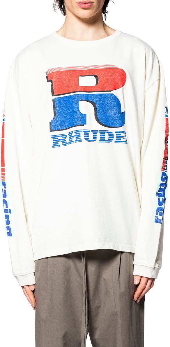 Rhude SPLIT PETROL LOGO LS TEE VINTAGE WHITE/ RED/ BLUE Wit