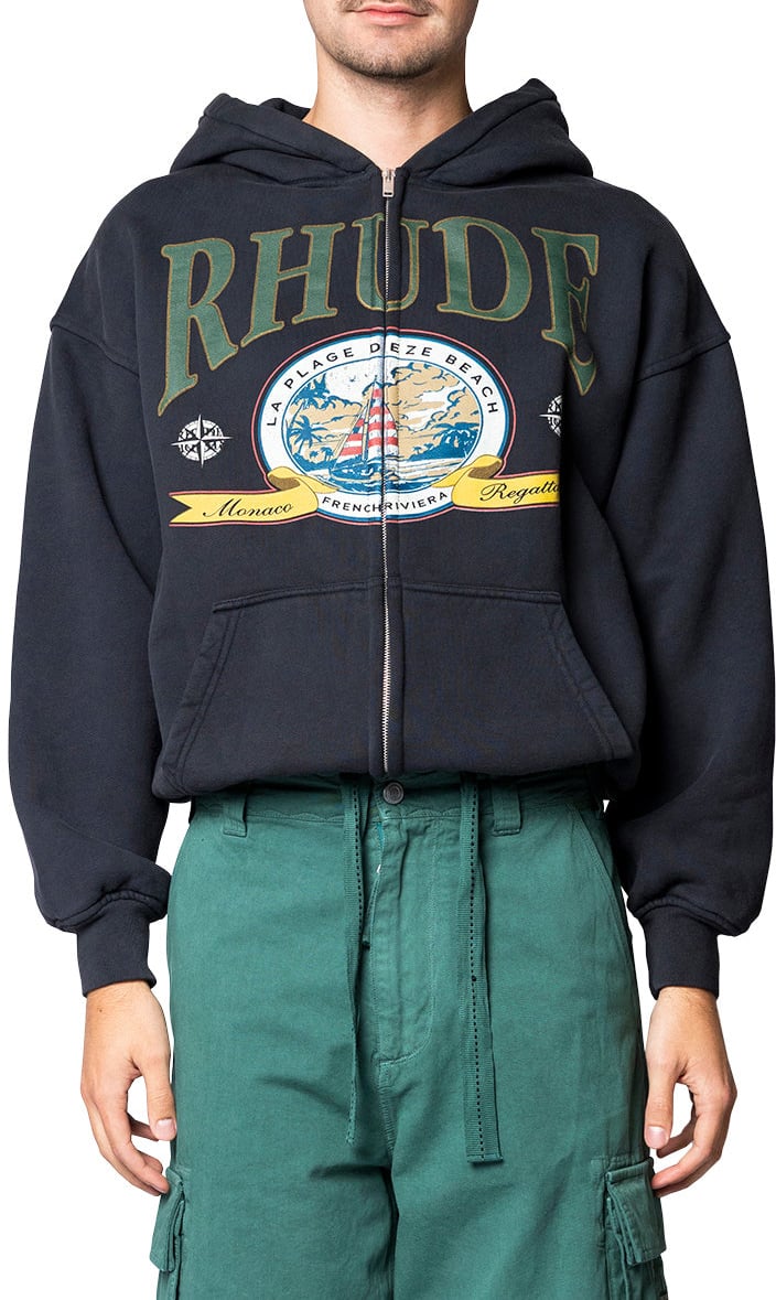 Rhude MONACO REGATTA FULL-ZIP HOODIE VTG BLACK Zwart