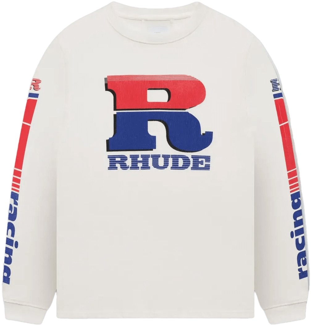 Rhude SPLIT PETROL LOGO LS T-SHIRT VINTAGE WIT/ROOD/BLAUW Wit