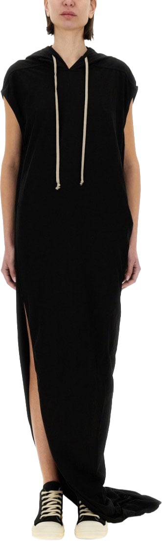 Rick Owens DRKSHDW Hooded Black Maxi Dress With Side Slits Zwart