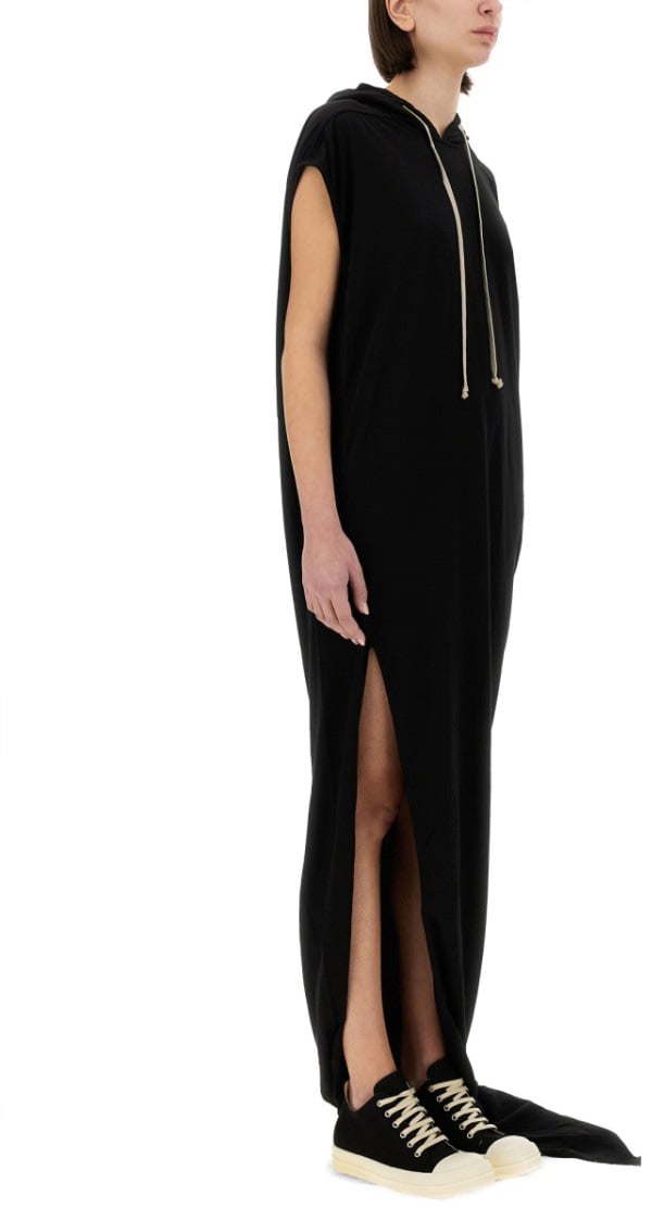 Rick Owens DRKSHDW Hooded Black Maxi Dress With Side Slits Zwart