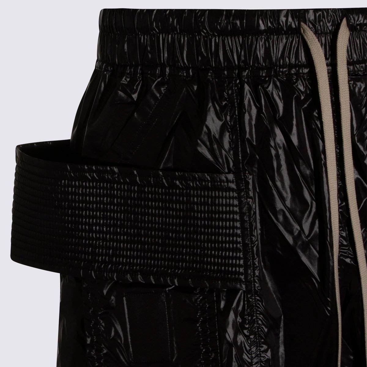 Rick Owens DRKSHDW Glossy Black Trousers With Structured Pockets Zwart