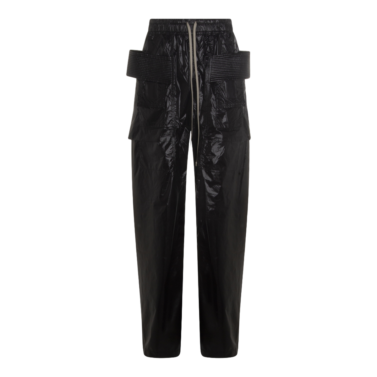 Rick Owens DRKSHDW Glossy Black Trousers With Structured Pockets Zwart