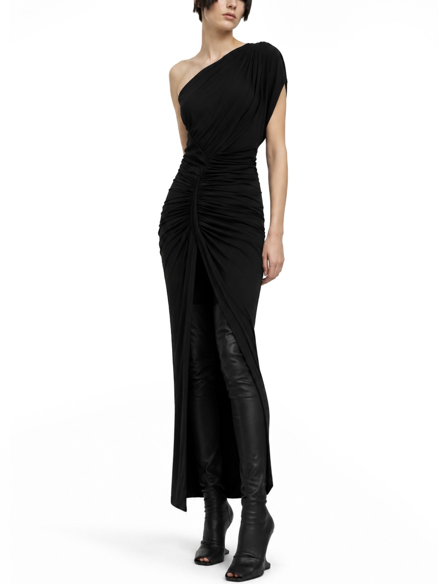Rick Owens One Shoulder Draping Ruched Midi Dress Zwart