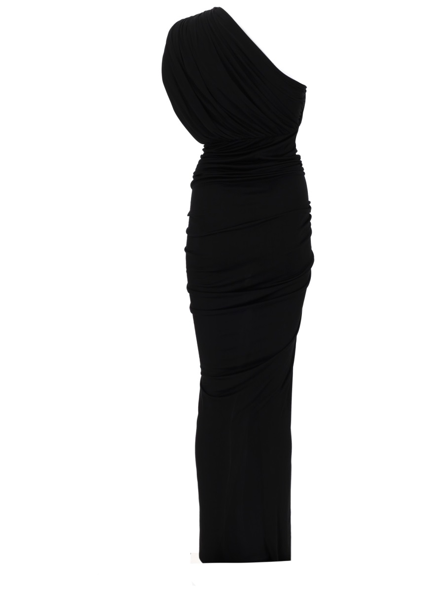 Rick Owens One Shoulder Draping Ruched Midi Dress Zwart