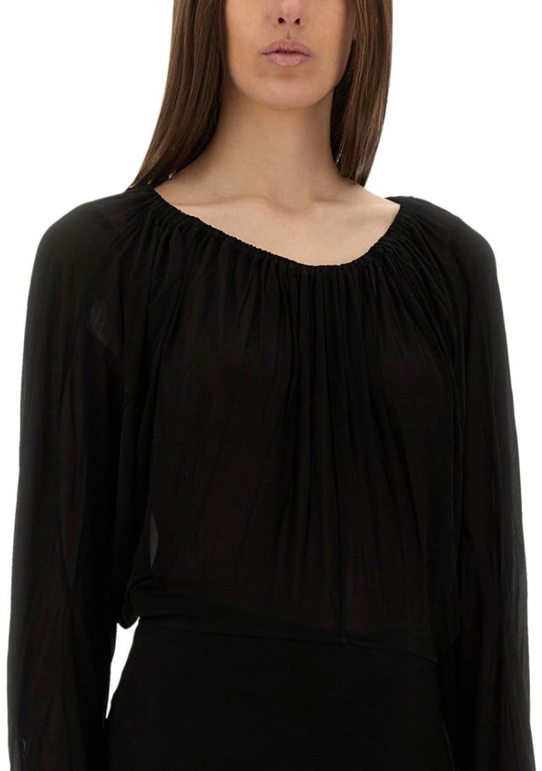 Rick Owens Flowing Black Draped Top With Wide Neckline Zwart