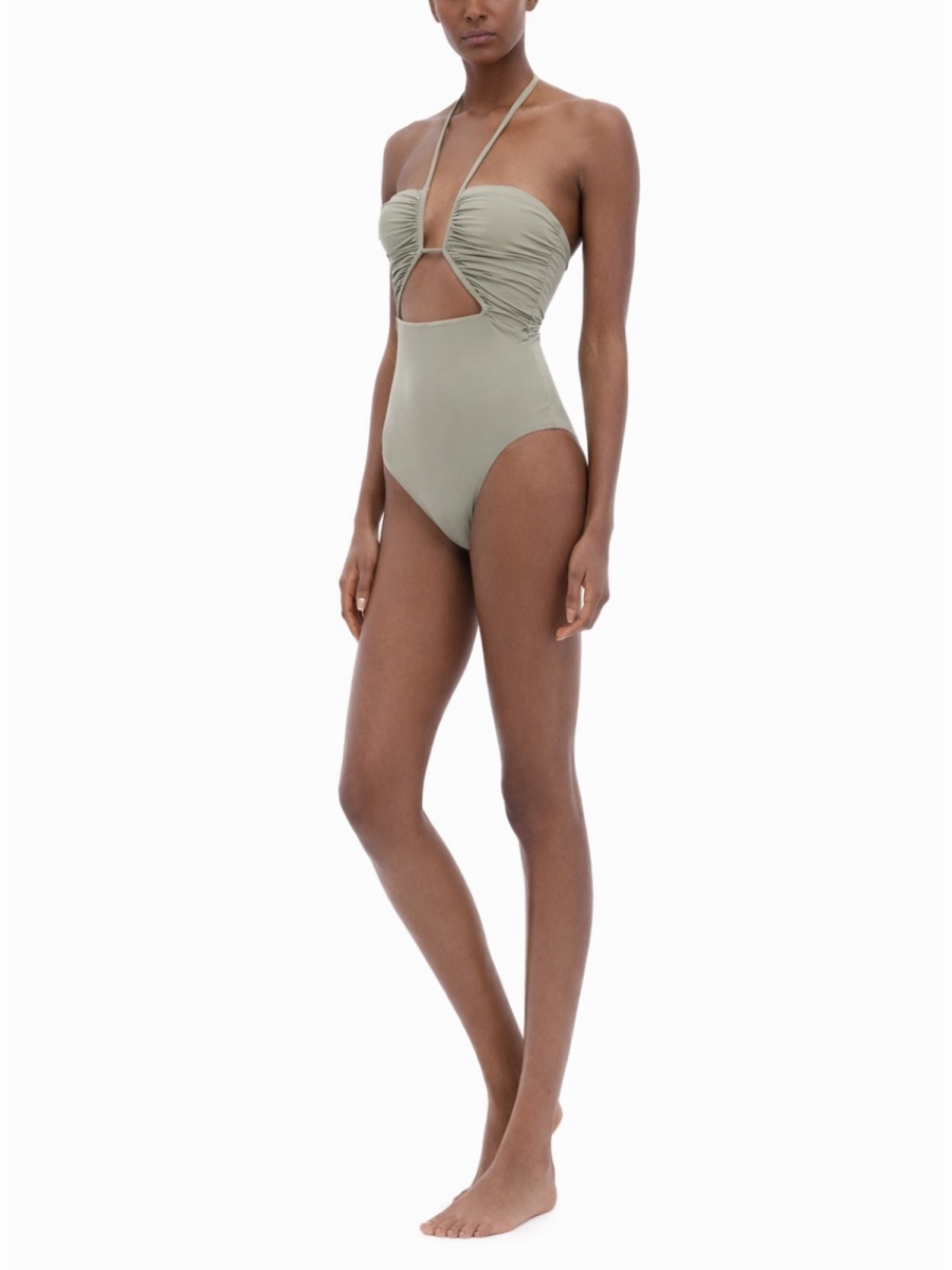 Rick Owens Neutrals Halter Neck Ruched Swimsuit Grijs