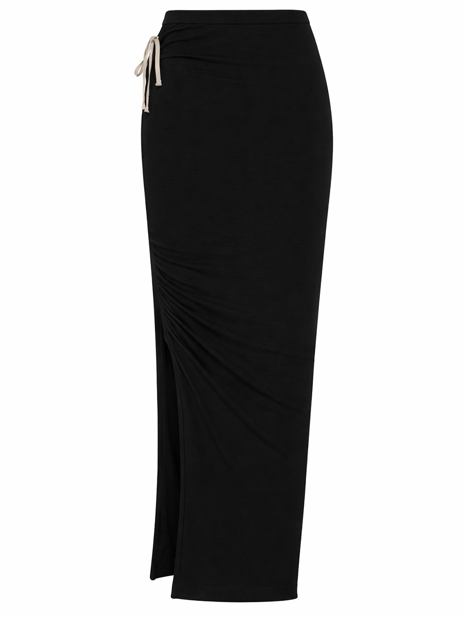 Rick Owens Neutrals Ruched Side Slit Midi Skirt Zwart