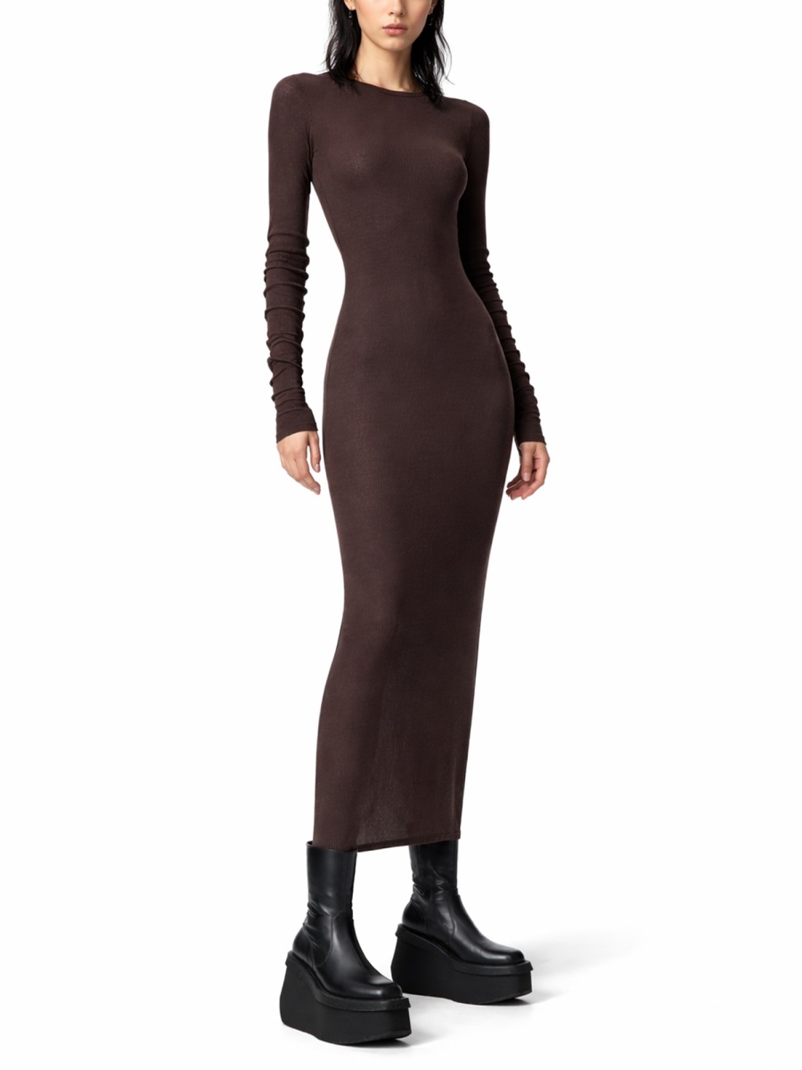 Rick Owens Brown Sleek Long Sleeves Midi Dress Zwart