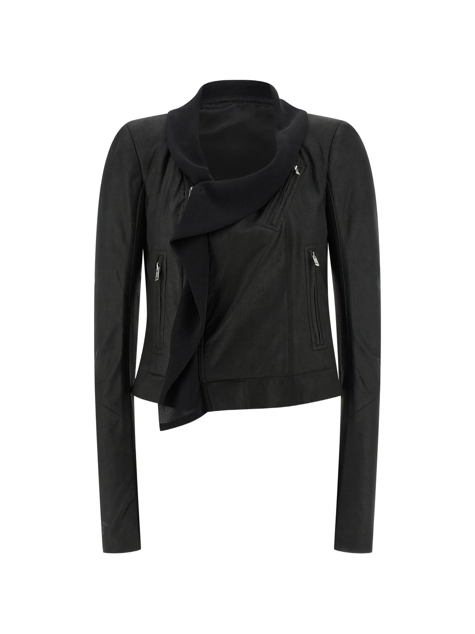 Rick Owens Scarf Biker Cropped Leather Jacket Zwart