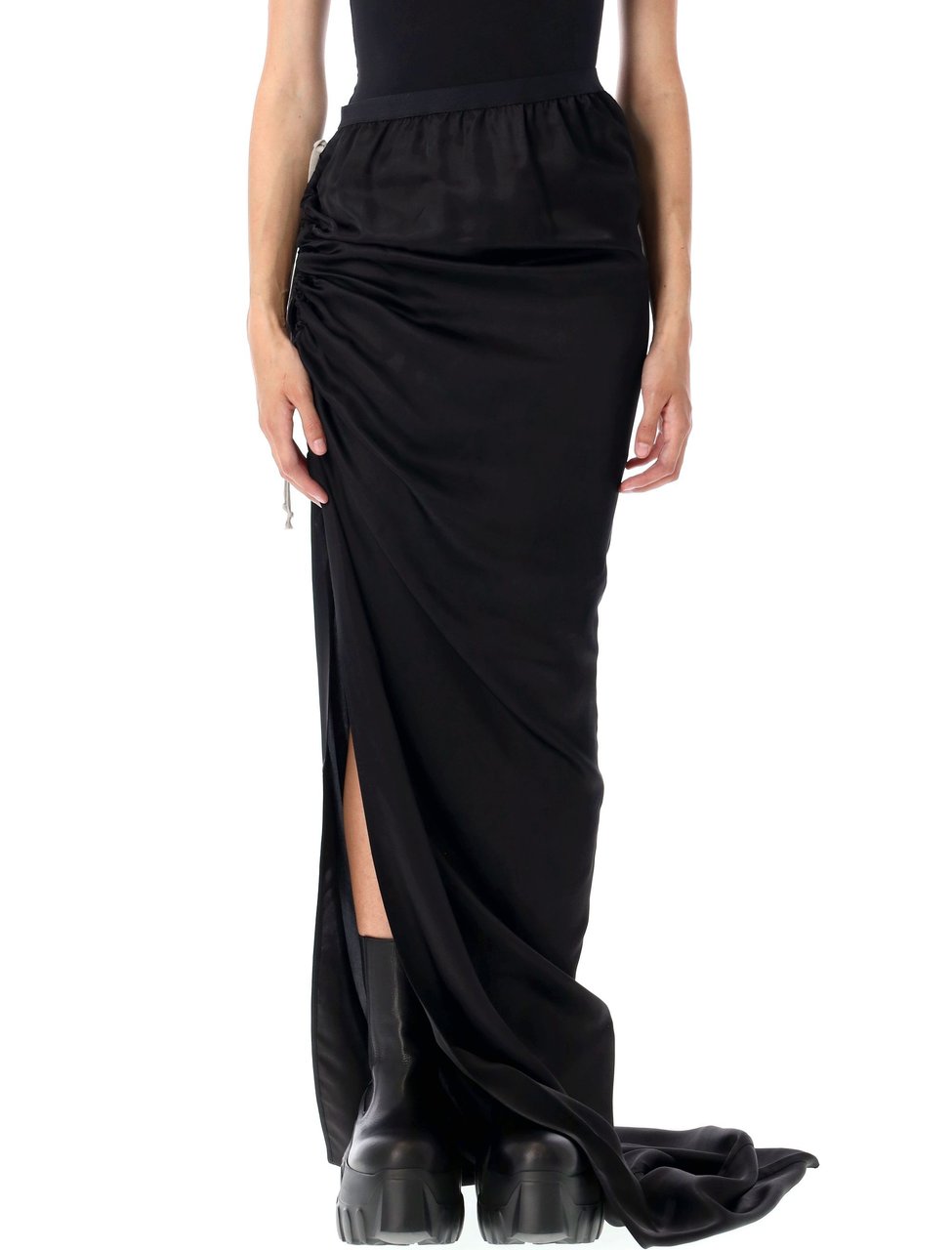 Rick Owens Edfu Long Ruched Black Skirt Zwart