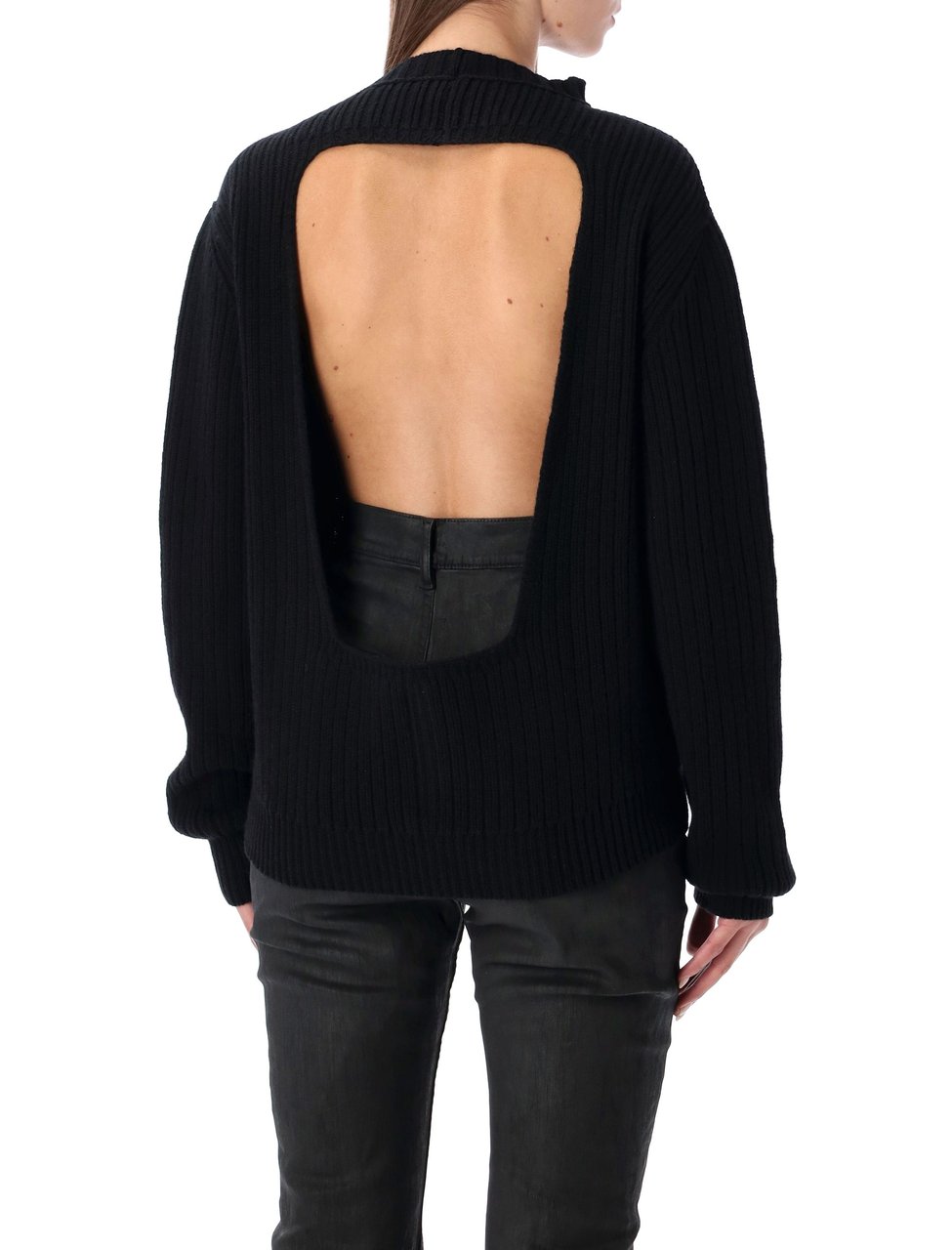 Rick Owens Al Pul Ribbed Knit Open Back Sweater Zwart