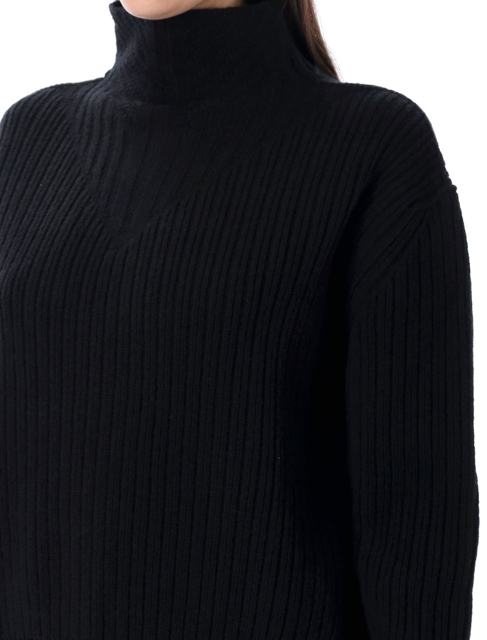 Rick Owens Fisherman Boxy Ribbed Turtleneck Sweater Zwart