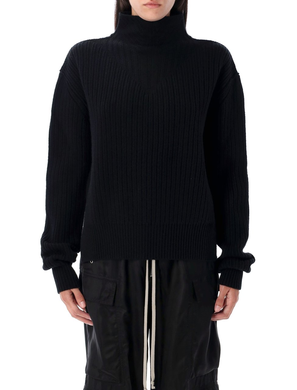 Rick Owens Fisherman Boxy Ribbed Turtleneck Sweater Zwart