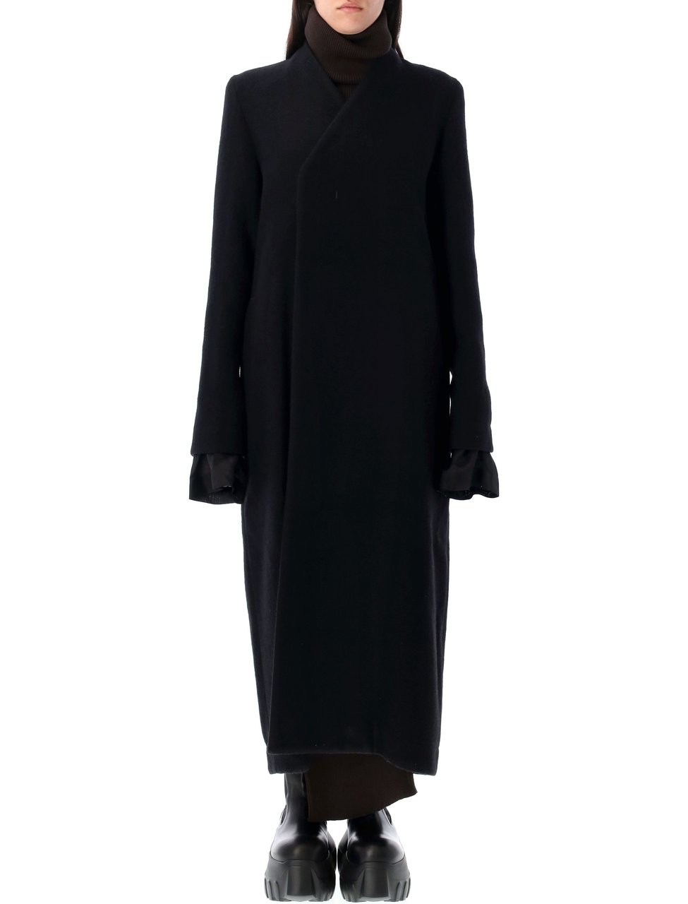 Rick Owens Museum Asymmetrical Long Black Coat Zwart