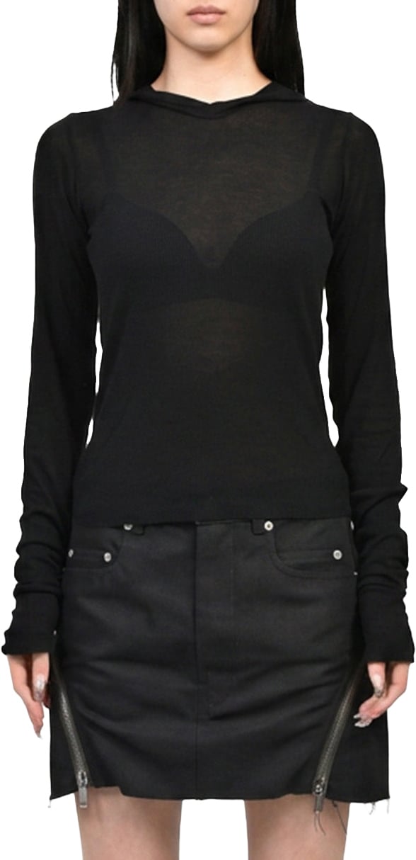 Rick Owens CROPPED HOODED RIB LS T BLACK Divers