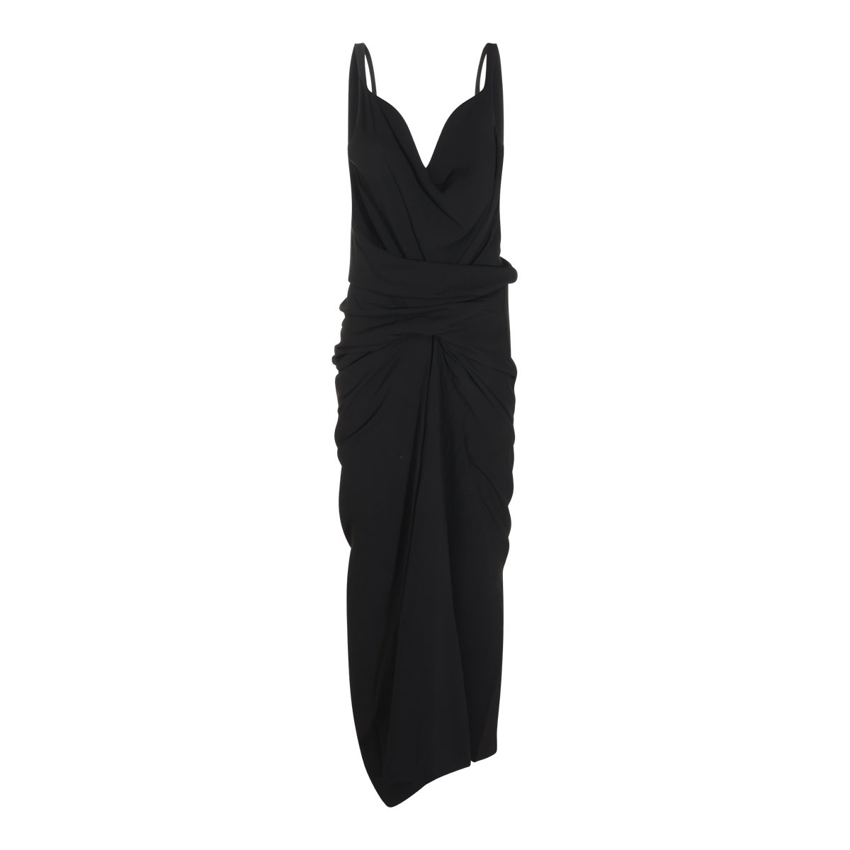 Rick Owens Black Viscose Midi Dress With Deep Heart Neckline And Asymmetrical Hem Zwart