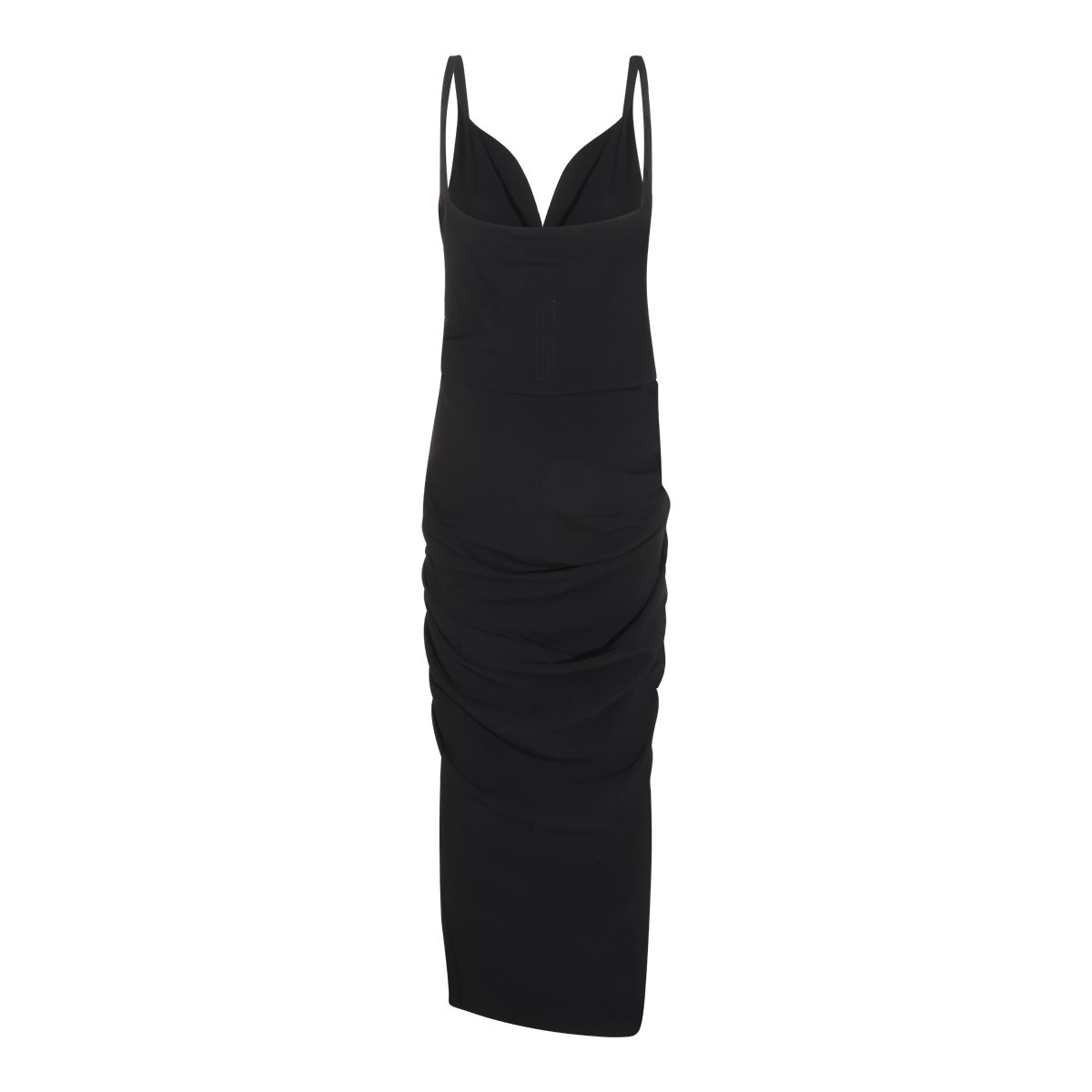 Rick Owens Black Viscose Midi Dress With Deep Heart Neckline And Asymmetrical Hem Zwart