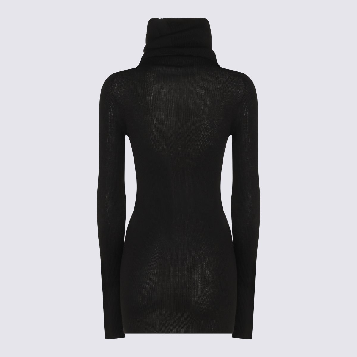Rick Owens Ribbed Knit Sweater With High Turtleneck And Semi-Sheer Finish Zwart