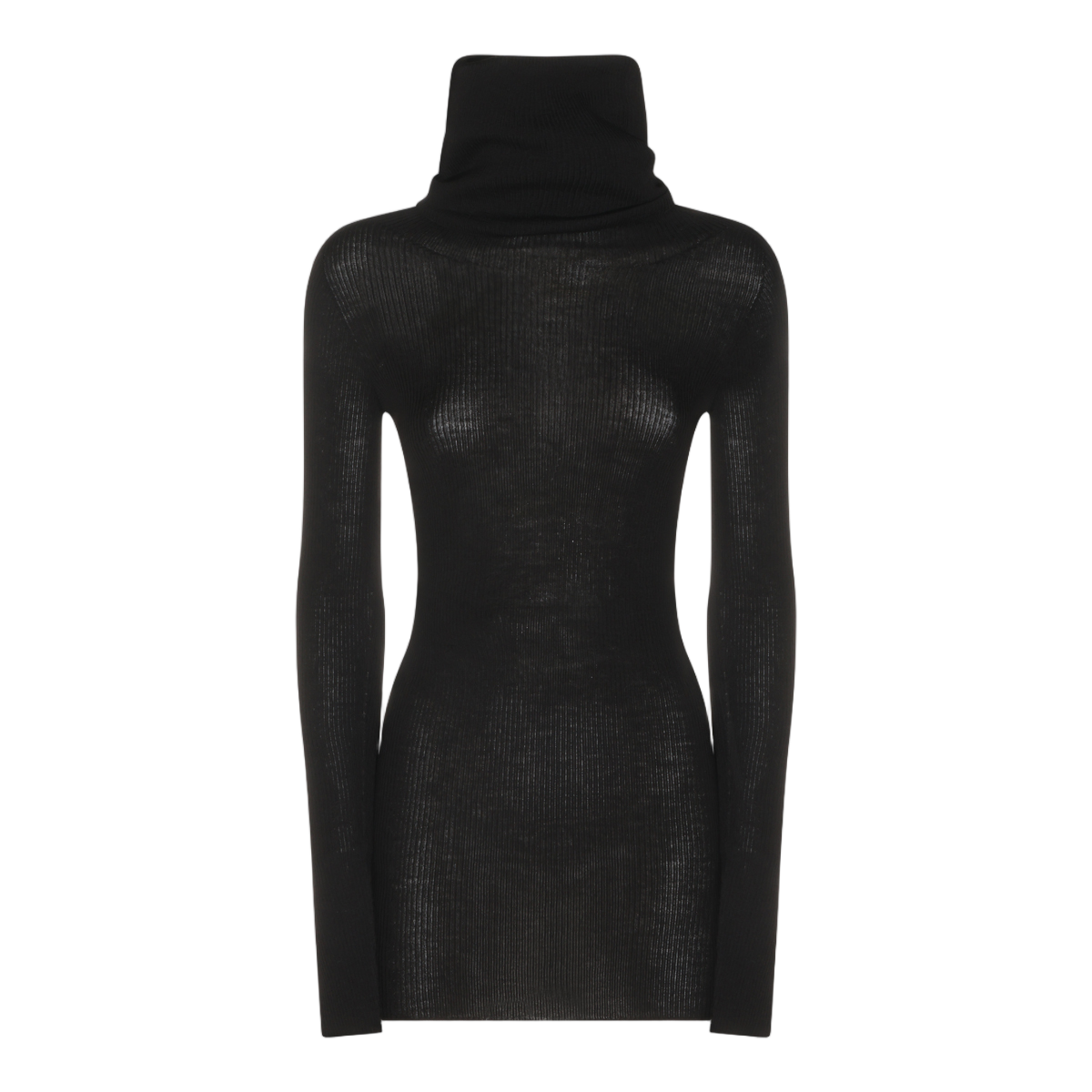 Rick Owens Ribbed Knit Sweater With High Turtleneck And Semi-Sheer Finish Zwart