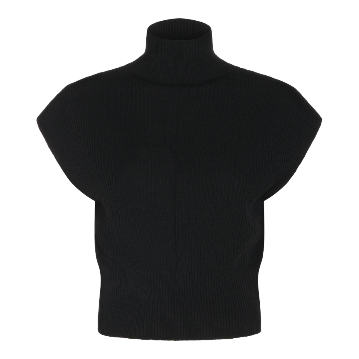 Rick Owens Cropped Black Sweater With High Turtleneck And Ribbed Texture Zwart