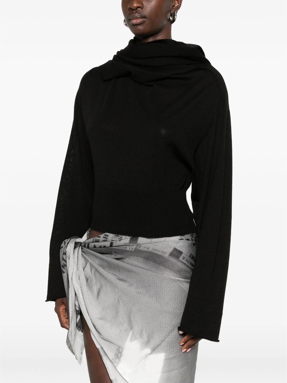 Rick Owens Cropped Black Long-Sleeved Top with Scarf-Inspired Neckline Zwart