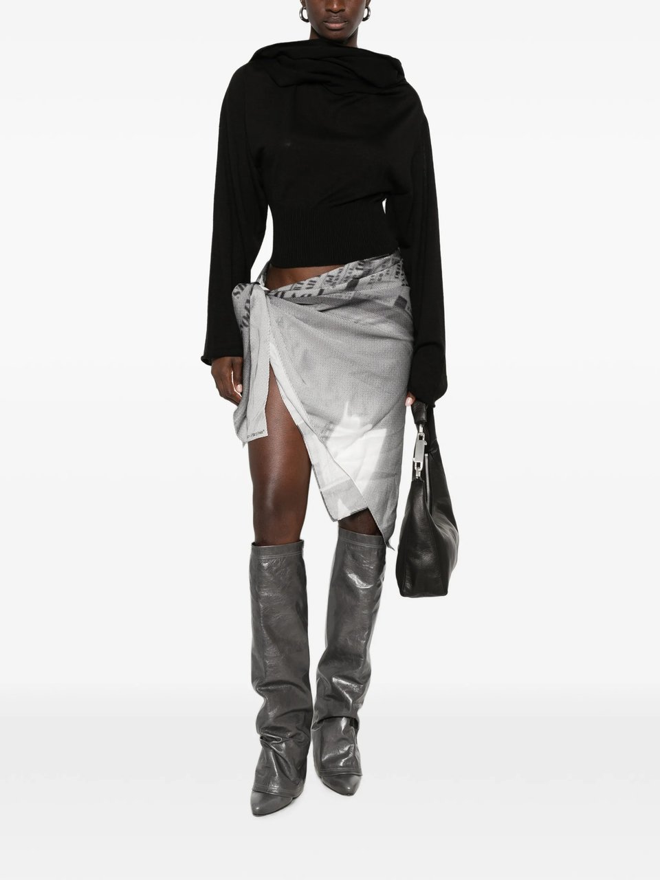 Rick Owens Cropped Black Long-Sleeved Top with Scarf-Inspired Neckline Zwart