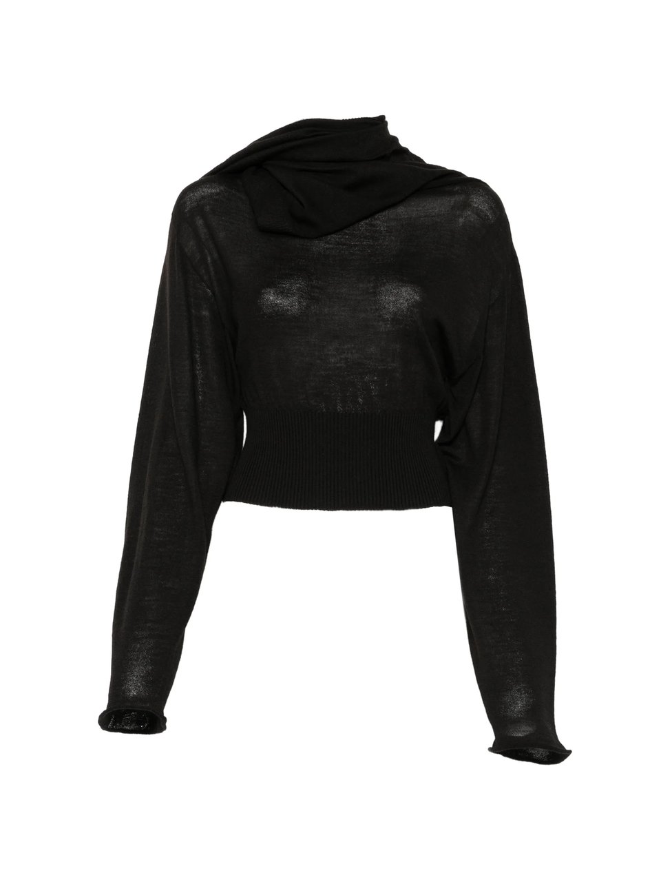 Rick Owens Cropped Black Long-Sleeved Top with Scarf-Inspired Neckline Zwart