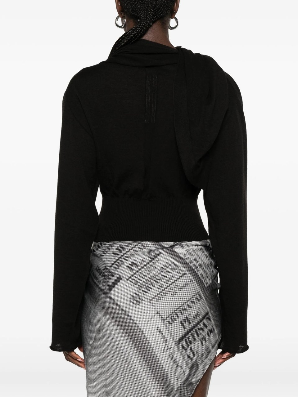 Rick Owens Cropped Black Long-Sleeved Top with Scarf-Inspired Neckline Zwart