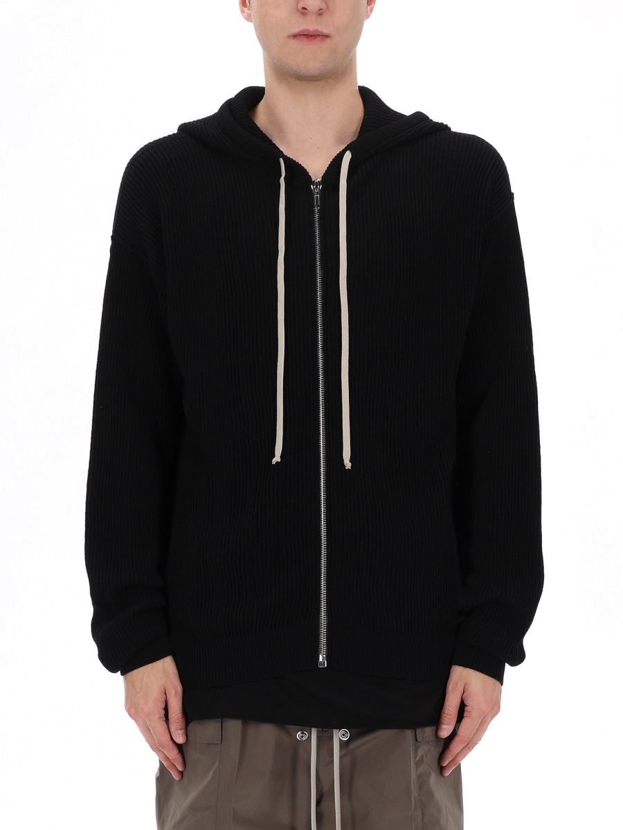 Rick Owens Black Ribbed Knit Wool Hoodie Zwart