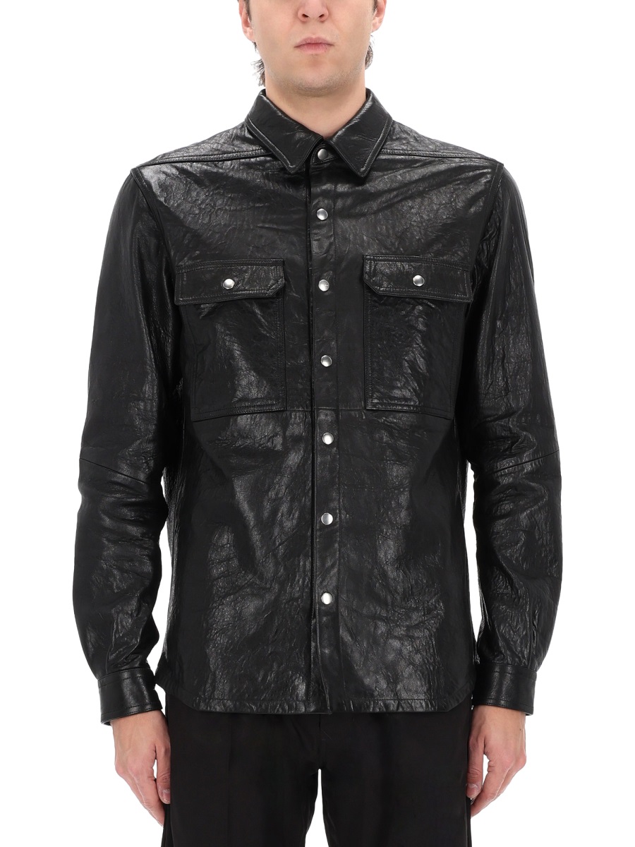 Rick Owens Black Textured Leather Snap-Button Jacket Zwart